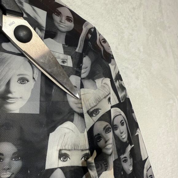 Barbie x Forever 21 Small Long Sleeve Top Sheer Mesh Doll Print Black Festival - Picture 8 of 13
